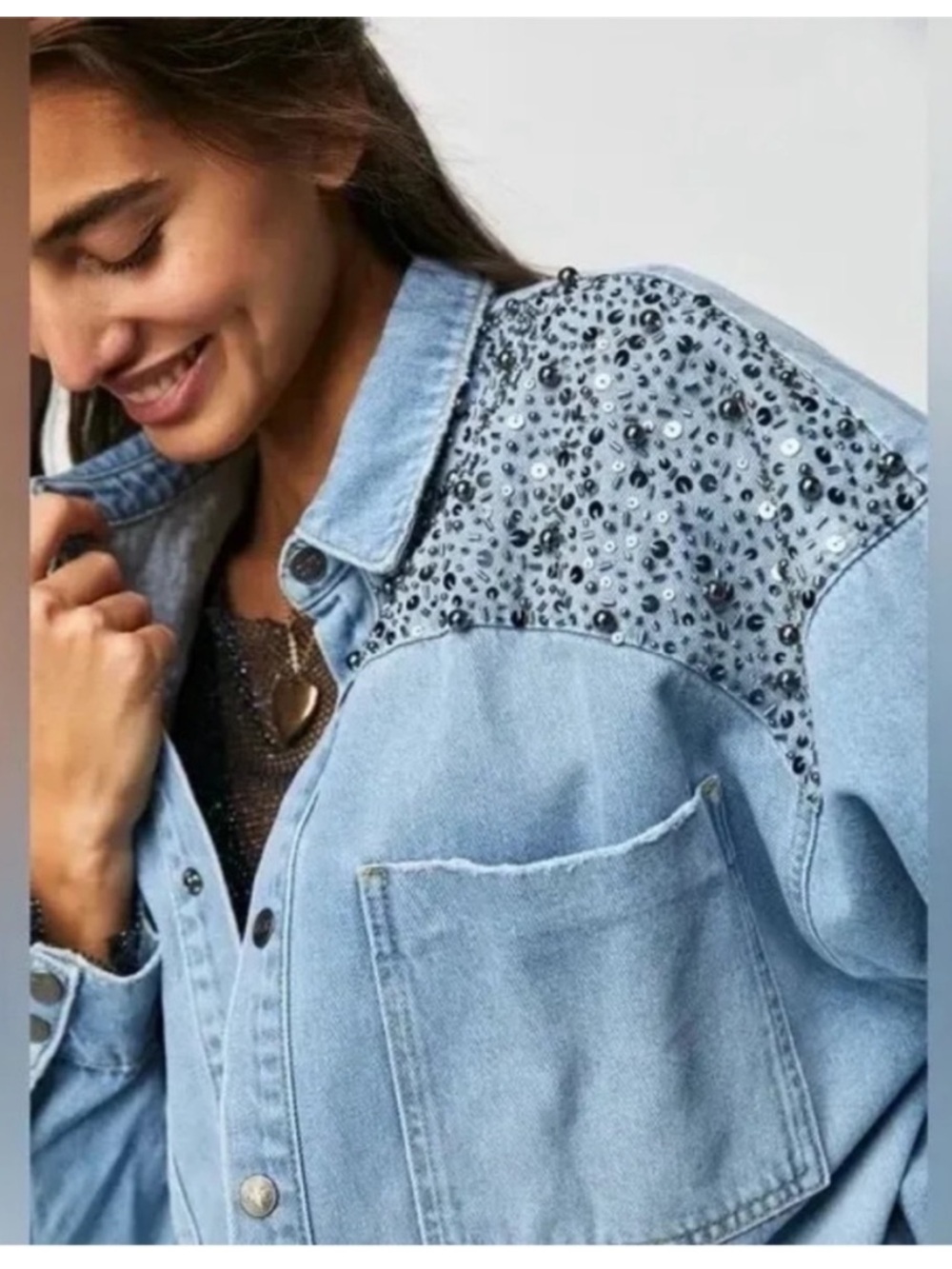 Free People X One Teaspoon Hand Embellished Daria Denim Shirt